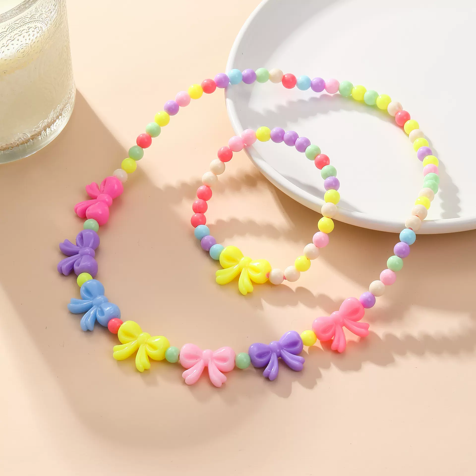 2024欧美跨境新款创意7彩手工穿珠儿童项链手链套装塑料树脂饰品
