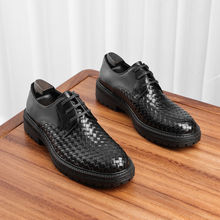 高品质男士夏季编织圆头商务休闲鞋透气系带男单鞋手工透气牛皮鞋