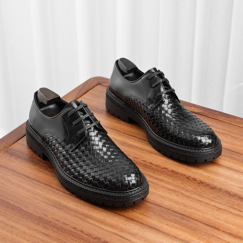 高品质男士夏季编织圆头商务休闲鞋透气系带男单鞋手工透气牛皮鞋