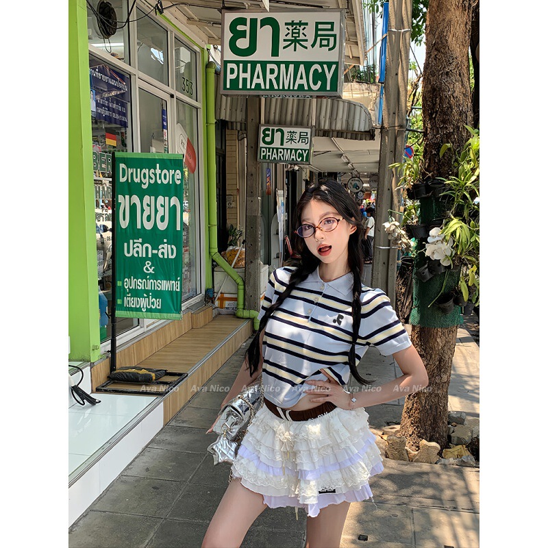 French Blue Stripesd Knitted T-Shirt Women's 2025 Summer New Style Polo Collar Short-Sleeved Gentle Style Top French Blue Stripesd Knitted T-Shirt Women's 2025 Summer New Style Polo Collar Short-Sleeved Gentle Style Top
