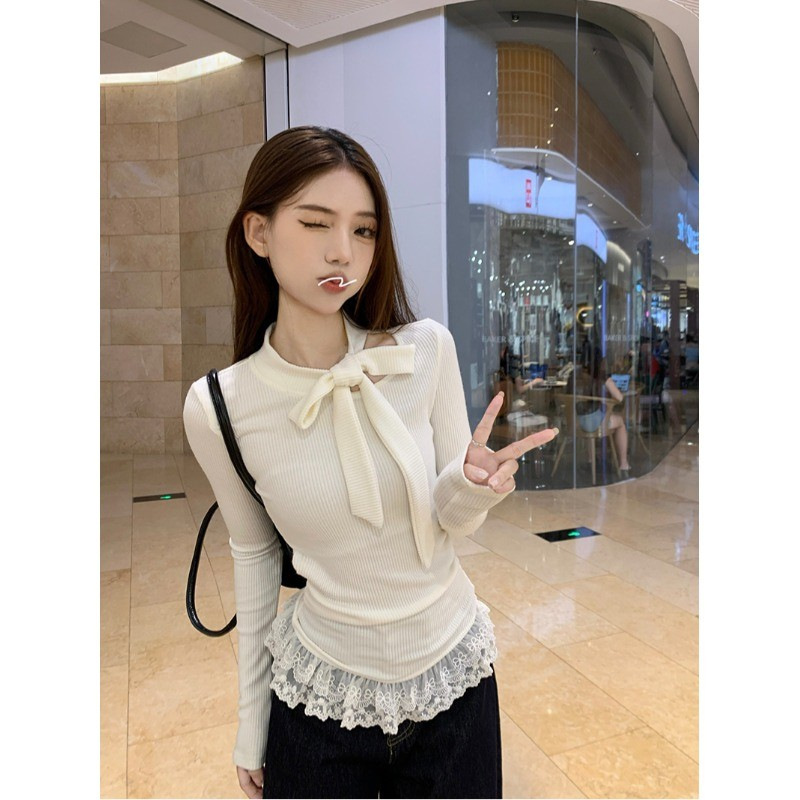 Niche Sexy Sexy Bow Long-Sleeved T-Shirt Early Autumn Lace Splicing Design Slimming Look Pure Desire Top