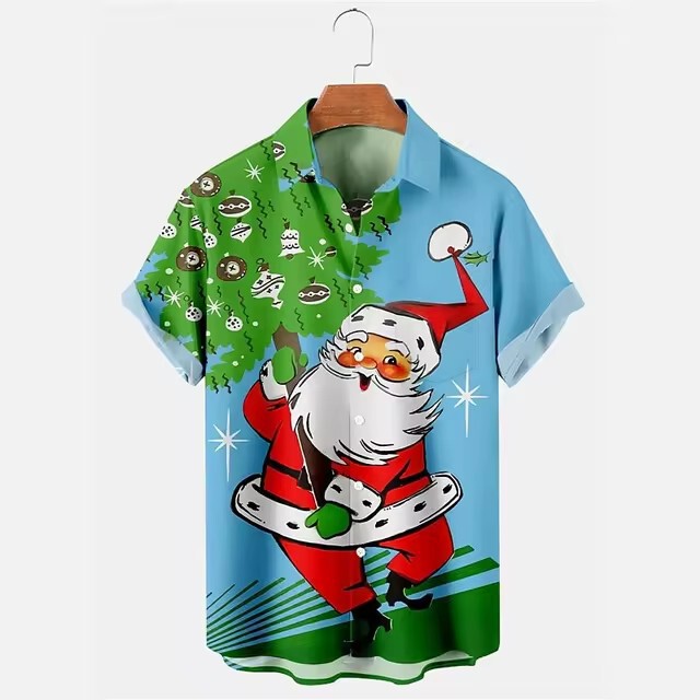 2024 Cross-border Cute Santa Short-sleeved Shirt New Year Blessing Open Collar Men's Shirt Digital Printing