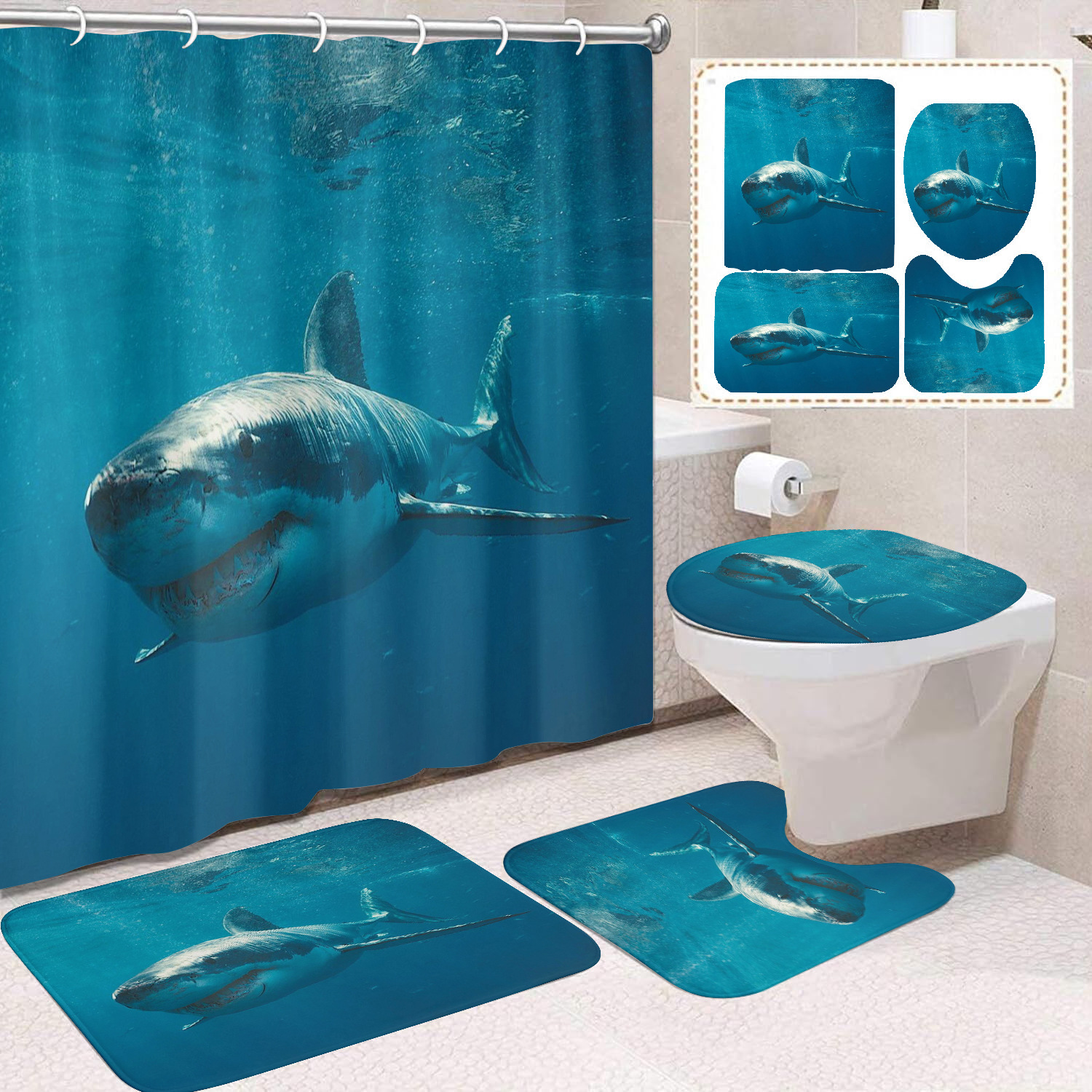 Cortina de ducha transfronteriza con diseño de delfines azules, estampada digitalmente, de poliéster, sin perforaciones, para baño, decoración del hogar image 51