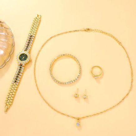 Nov 5-delni komplet nišnih lahkih luksuznih večnamenskih majhnih jeklenih pasov, majhnih zelenih ur, uhanov, ogrlice, zapestnic in prstanov_voghion.com