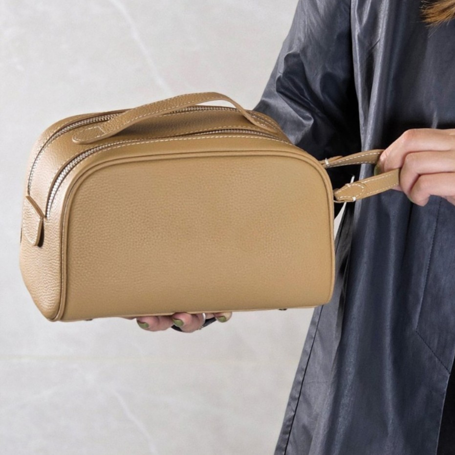 真皮手工蜡线化妆包女出差旅行收纳包双拉链开合大容量手提洗漱包