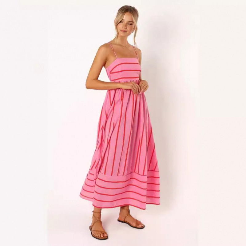 Women's Striped Sling Backless Dress Fresh Style Swing Model Spring Summer_ecoleips.com
