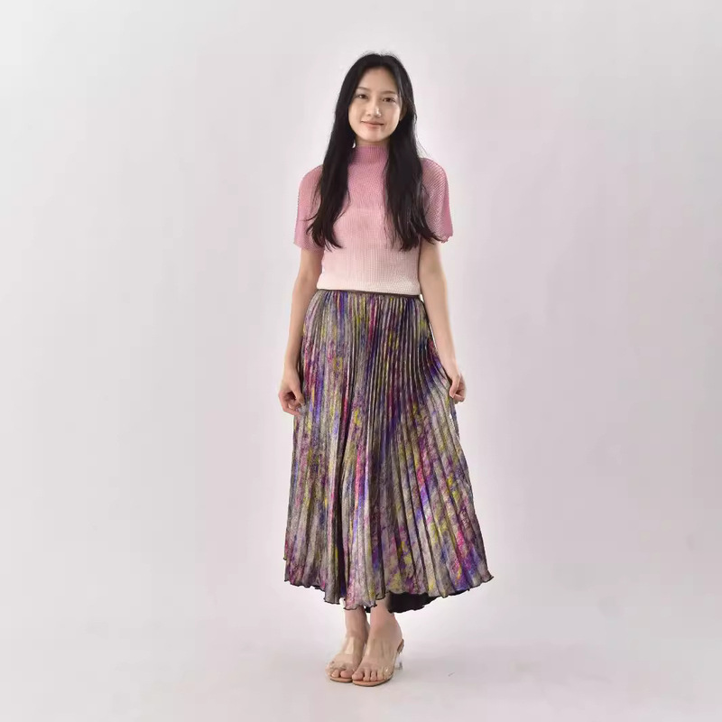 Shiny Metallic Color Accessible Luxury Gold Pleated Skirt High Waist Mid-Length Elastic Waist Large Skirt A-Line Skirt