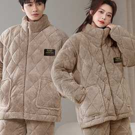 情侣款睡衣女士冬季珊瑚绒加绒加厚套装三层夹棉法兰绒可外穿棉衣