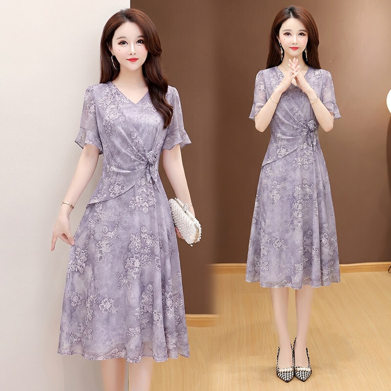 Mulberry Silk Dress for Women, 2026 Summer New Style, Elegant Slimming V-Neck, Fashionable Waist-Cinching Printed Women's Dress