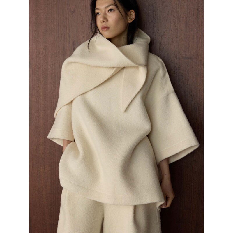 Louvre Winter New Korean Style Fashionable Double-Sided Woolen Shoulder Placket Design T-Shirt with Shawl Loose Top for Women