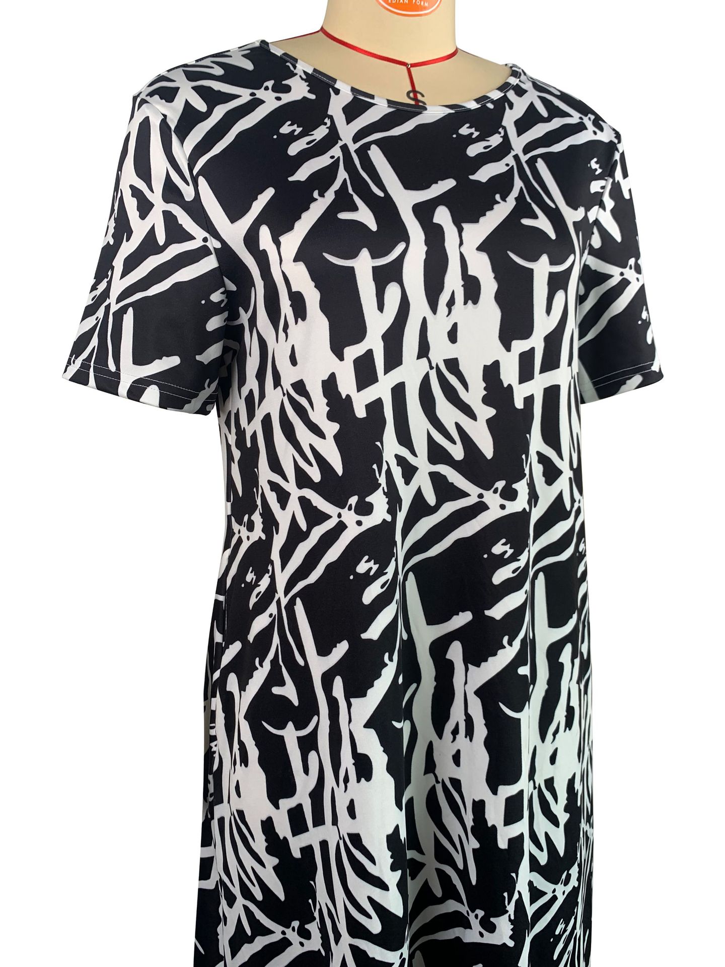 Casual Outing Abstract Printing Black White Short Sleeve Dress Comfortable Home Loose Dress
