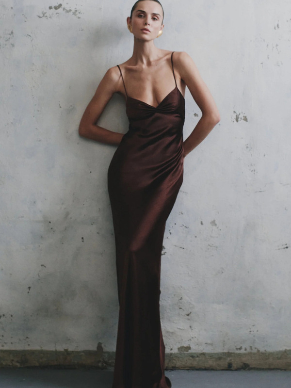 Foreign Trade Cross-Border Supply New Solid Color High-Elastic Satin Invisible Zipper Pleated Design Draped Suspender Floor-Length Skirt