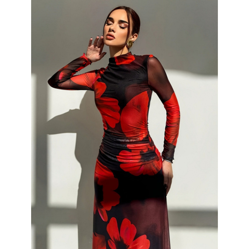 Amazon European and American Cross-Border Foreign Trade Autumn Red Tie-Dye Printed Party Long-Sleeved Fitted Long Women's Dress Amazon European and American Cross-Border Foreign Trade Autumn Red Tie-Dye Printed Party Long-Sleeved Fitted Long Women's Dress