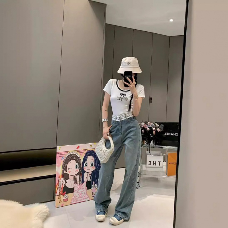 MM HOME 24SS 새로운 편지 청바지 허리 리본 바느질 패션 올매치 데님 바지