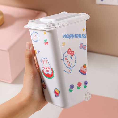 Desktop small trash can pen holder cute cartoon trumpet with lid creative desk paper basket household storage bucket