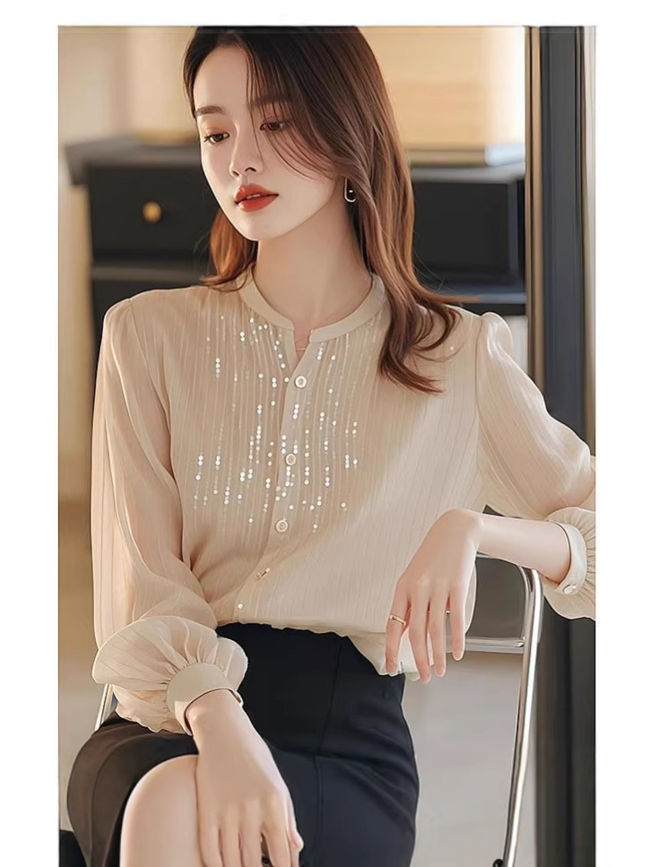 Áo sơ mi nữ dài tay chất liệu lụa trắng phối sequin kiểu Pháp — màu mơ