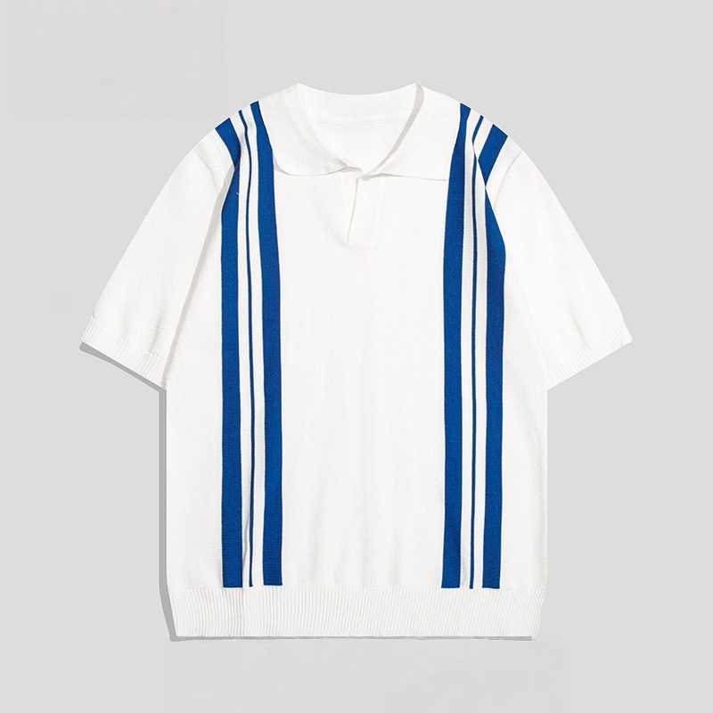 Polo camiseta de punto camiseta de manga corta hombre V-collar gaviota collar rayas verticales viejas camisetas de hielo de viento de verano fábrica transfronteriza al por mayor