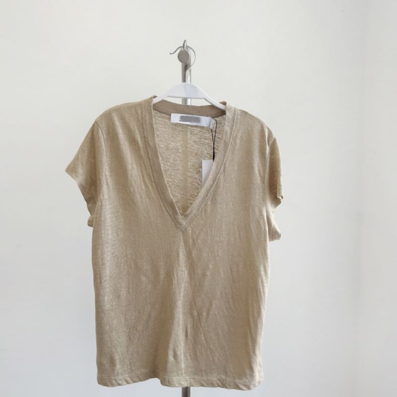 in stock/Zhao Rusi Homestead Women's Summer French Shoulder V-neck Short-sleeved Linen T-shirt Top for Women