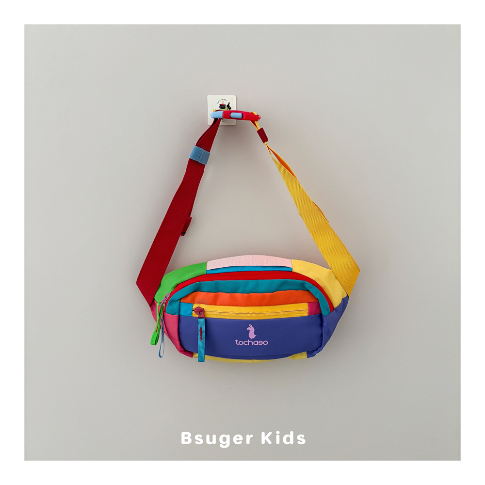 Colorful Rainbow Stripe Children's Crossbody Waist Bag with Cartoon Alpaca Print, Durable and Waterproof, for Toddlers' Camping and Cycling Chest Bag