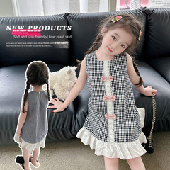 夏季新款女童連衣裙無袖格子蝴蝶結設計時髦洋氣女童花邊連衣裙