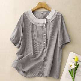 实拍2025春夏新款色织条纹布褶皱娃娃领衬衫宽松显瘦休闲百搭上衣
