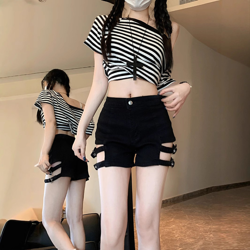 Hot Girl Summer Punk Style Singing Shorts Women's Jazz Dance Black Motorcycle High Waist Steel Pipe Elastic Hip Hot Pants