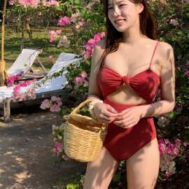 2024韩国东大门泳衣女 纯欲少女小胸高腰比基尼 遮肚显瘦连体泳装