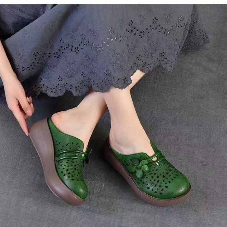 Agujero retro cuero suave mitad zapatillas mujeres 2026 nuevo fondo grueso flor exterior zapatillas de agujero de cabeza de agua húmeda image 5