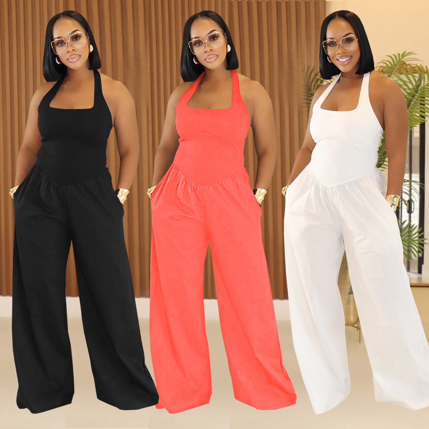 C7390 Cross-border AliExpress Amazon Ropa de mujer de moda europea y americana Mono de color sólido con cuello halter suelto casual