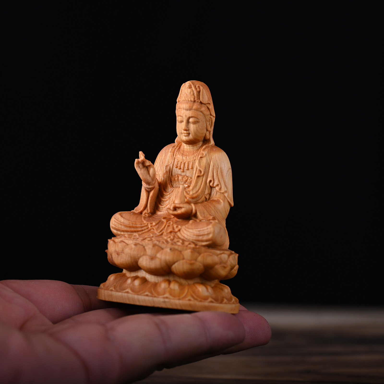 崖柏念珠淨瓶觀音實木雕刻家居室內古典客廳菩薩佛像木質擺件禮品