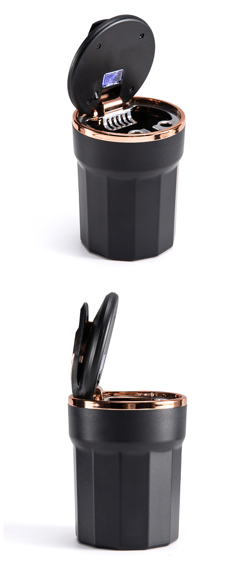 Car ashtray with LED blue light that illuminates when the lid is opened, removable and washable inner liner, metal flame-retardant car ashtray