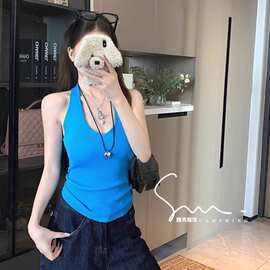 辣妹风蓝色针织挂脖吊带背心女夏季复古显白显瘦别致美背无袖上衣