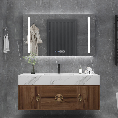 智能镜柜岩板无缝盆新中式浴室柜组合中国风卫浴柜实木洗脸盆吊柜