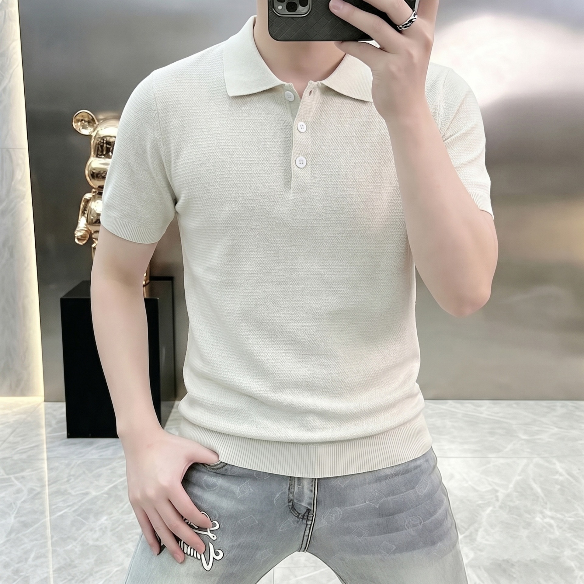 Polo camiseta de punto camiseta de manga corta camiseta de hombre con solapa viejo estilo de negocios texturas de hielo verano fábrica transfronteriza al por mayor