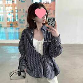 复古黑色格子长袖衬衫女夏季新款慵懒风宽松休闲防晒衬衣外套批发