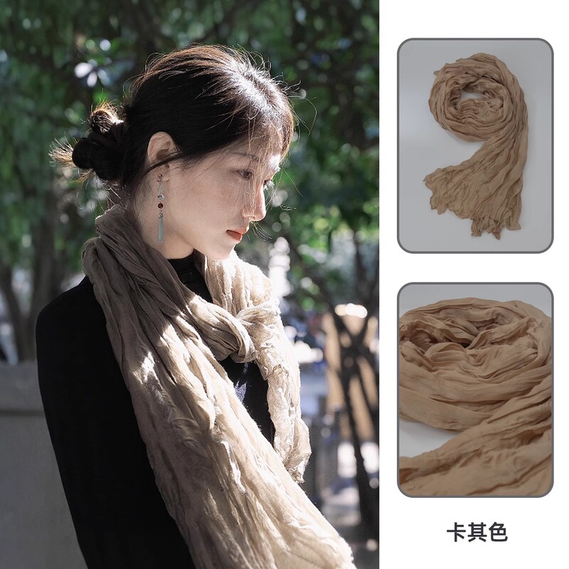 女性用レトロコットンとリネンスカーフ、春と夏、薄い、芸術的なブラウン、ヴィンテージ、プリーツ、日焼け止め、ストリップシルクスカーフ、ネック周りの雰囲気|undefined