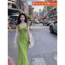 Rosselora***设计绿色蕾丝吊带连衣裙显白高腰长裙