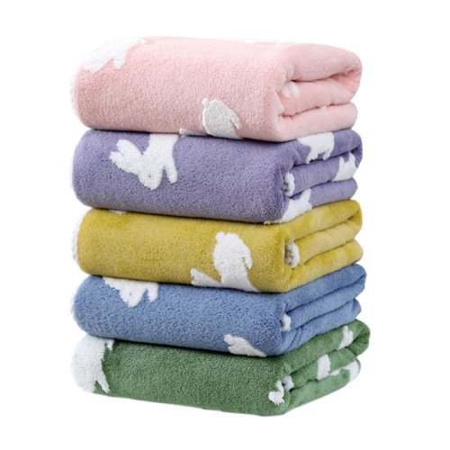 Xiangfeng's new coral velvet cartoon bunny jacquard towel, bath towel, shower cap, bathrobe, women's home six-piece set