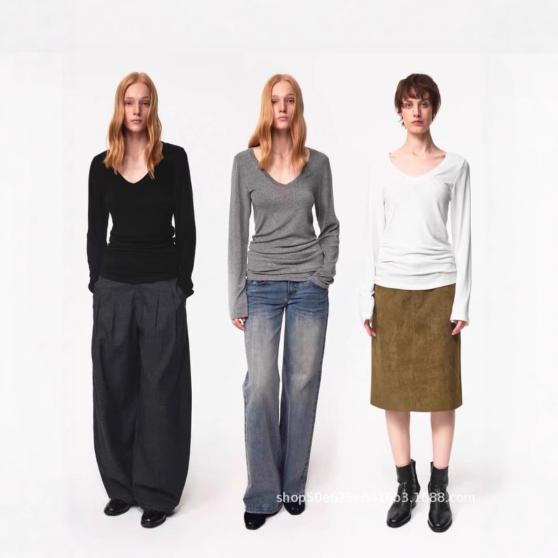 Nbs Lightweight V Neck Tencel Waist Slimming Look Long-Sleeved Stacked T-Shirt 2025 Autum New Slim Fit Versatile Stacked