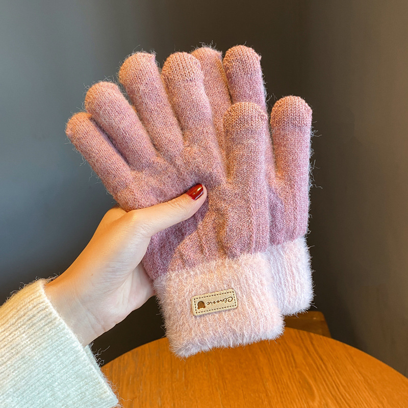 Guantes de lana de punto de estilo coreano de las mujeres de invierno forrados de lana engrosada ciclismo cálida pantalla táctil de doble capa de color a juego guantes al por mayor