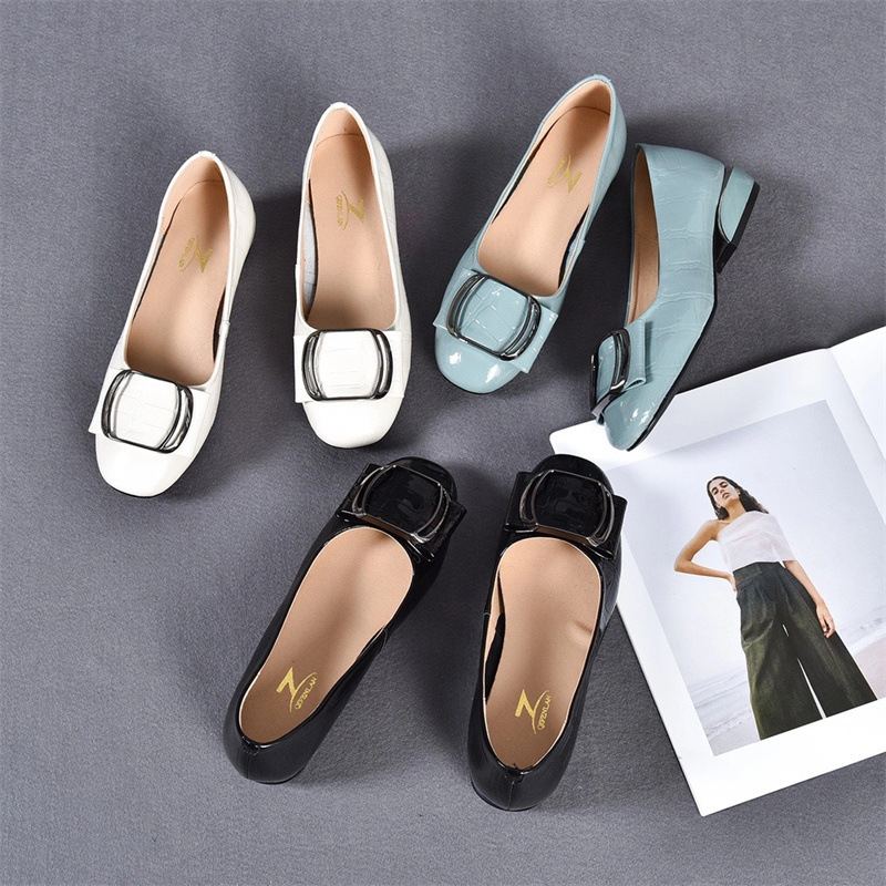 Giày lười nữ mũi tròn da thật đế mềm gót thấp — Màu xanh lam nhạt chi tiết 1