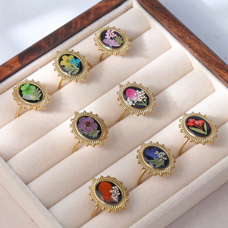 欧美爆款圣诞真花戒指宫廷风轻奢情人节礼物永生花干花不锈钢手饰