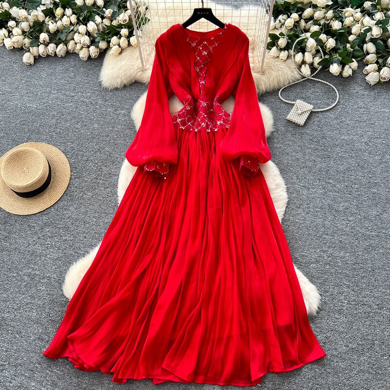 Carefully Selected French High-End Elegant Dress for Women with Heavy Sequin Embroidery and Bead Splicing, Lantern Sleeves, Waist Slimming and Long Elegant