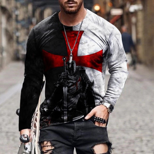 Ropa de hombre transfronteriza europea y americana AliExpress Wish Amazon nueva camiseta de manga larga con cuello redondo y estampado paladín