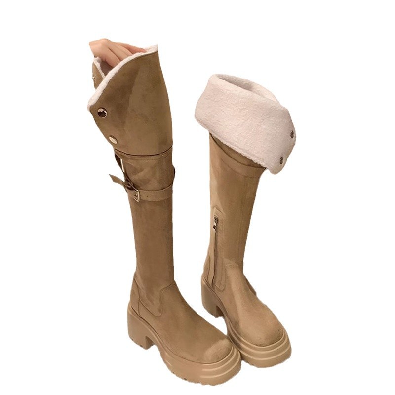 Su Yinyin mismo estilo ~ Otoño e invierno 8cm botas altas de tacón grueso de piel de cordero de suela gruesa botas delgadas elásticas por encima de la rodilla mujeres