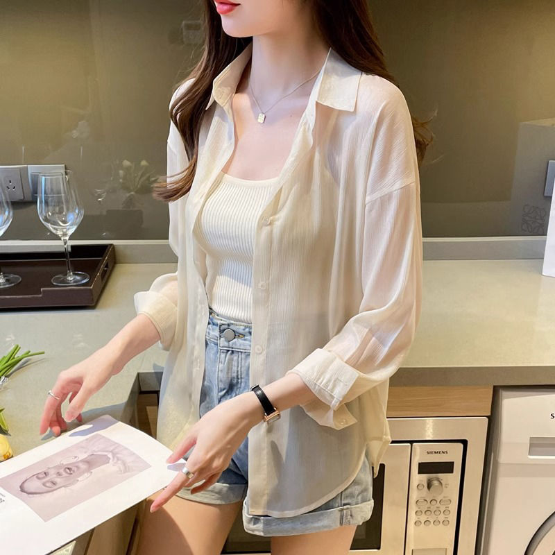 작은 여성을위한 자외선 차단 셔츠 여름 얇은 2025 새로운 디자인 흰색 셔츠 쉬폰 자외선 차단 카디건