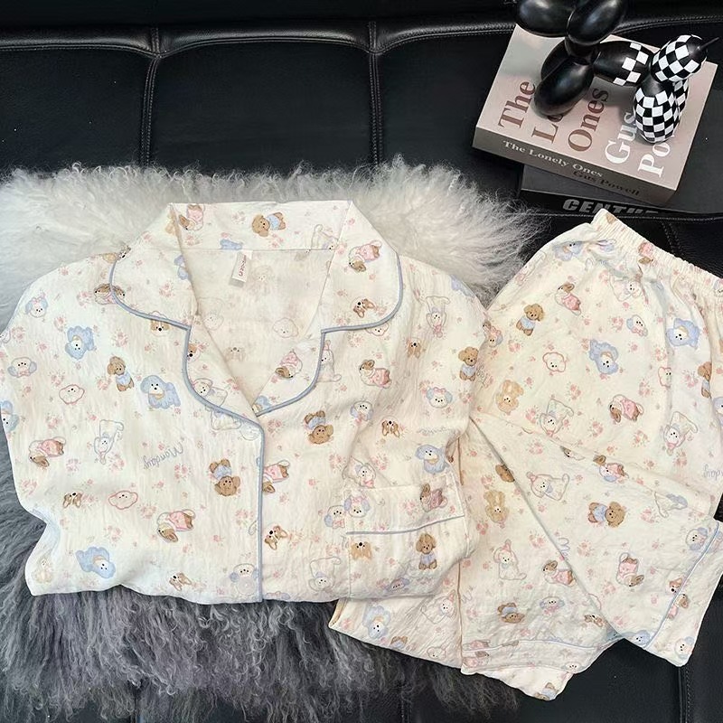 Al por mayor transfronterizo nueva primavera y otoño en línea explosión delgada nube de algodón dulce pijama de mangas largas pantalones largos ropa para el hogar cubierta