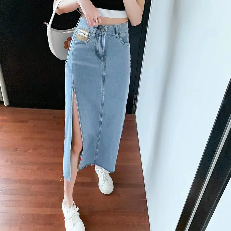 Женская летняя тонкая джинсовая юбка с высокой талией, горячая девушка, обернутая бедром, асимметричная юбка А-силуэта средней длины