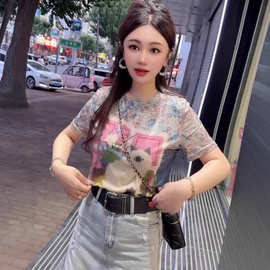 气质减龄油画猫咪印花短袖T恤女夏2025新款小众高级显瘦百搭上衣