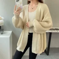 Корейская chic осень-зима простой простой сплошной цвет ленивый свободный повседневный дикий средний длинный свитер куртка женский вязаный кардиган